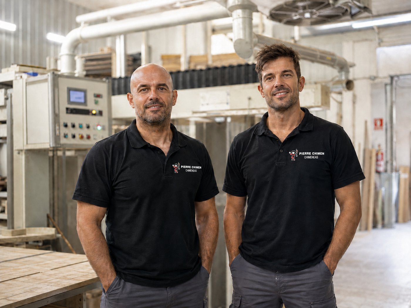 Dos instaladores profesionales de Pierre Chimen en la fábrica de Algeciras