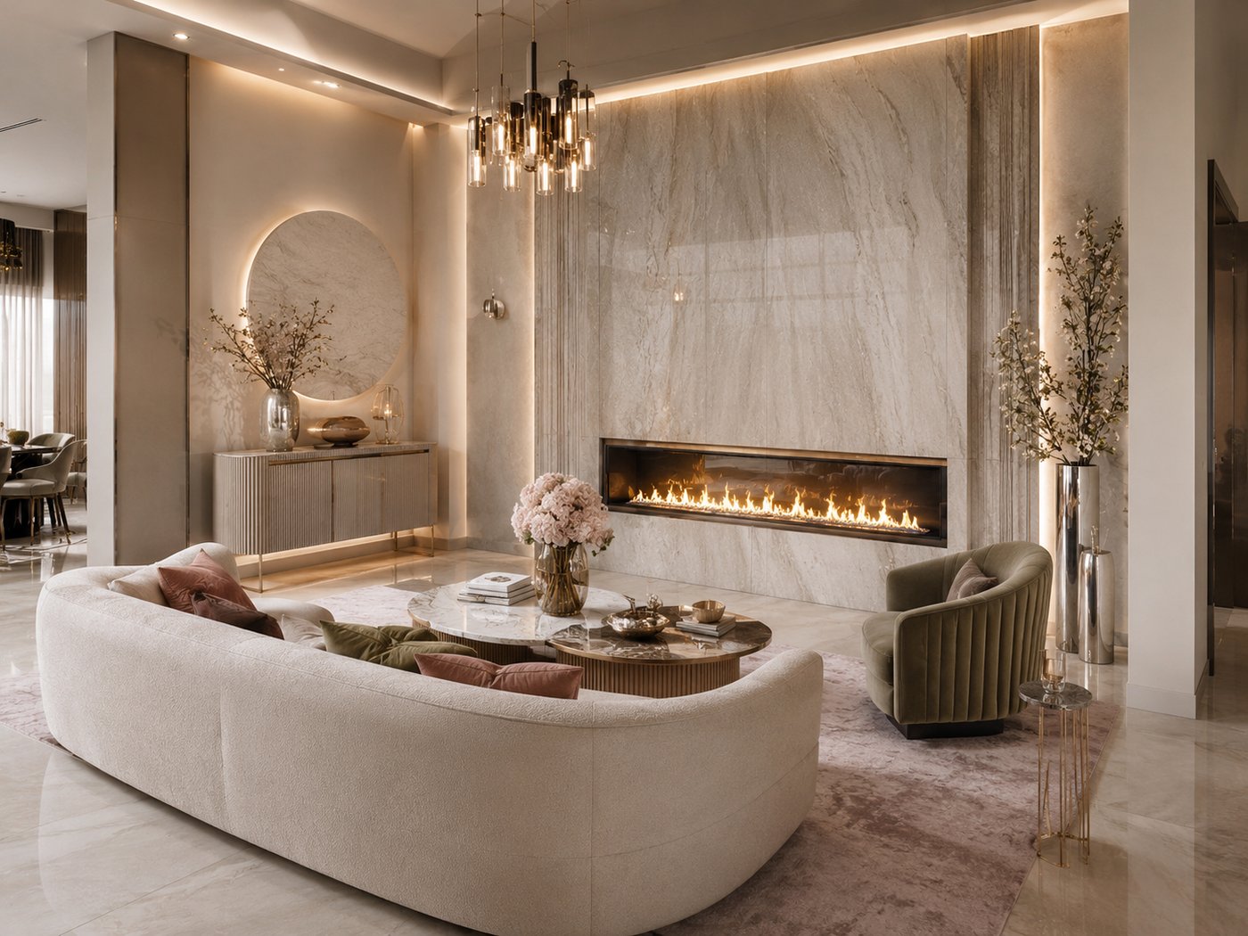 Salón decorado por el equipo de interiorismo de Pierre Chimen con chimenea de líneas rectas