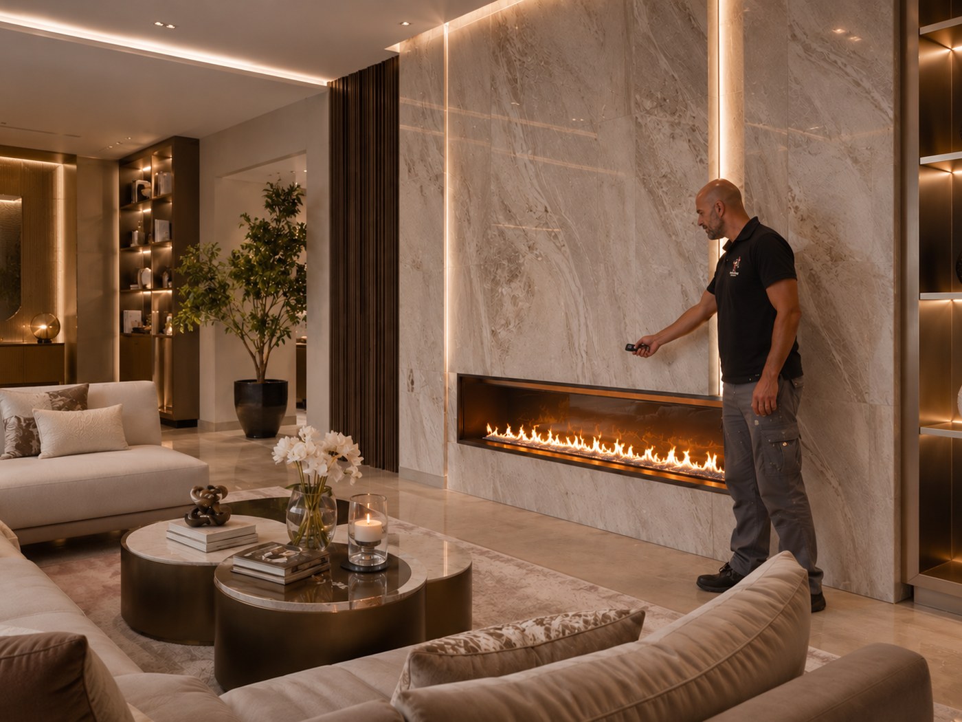 Pierre Chimen technical service technician checking a fireplace with the remote control