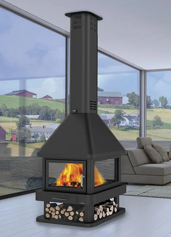 Chimenea central a cuatro caras en cristal vitrocerámico y dos puertas
